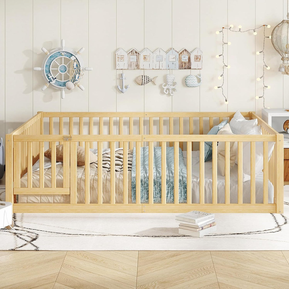 Queen Size Floor Bed with Door and High Guardrail, Queen Size Montessori Floor Bed with Fence, Easy Assemble