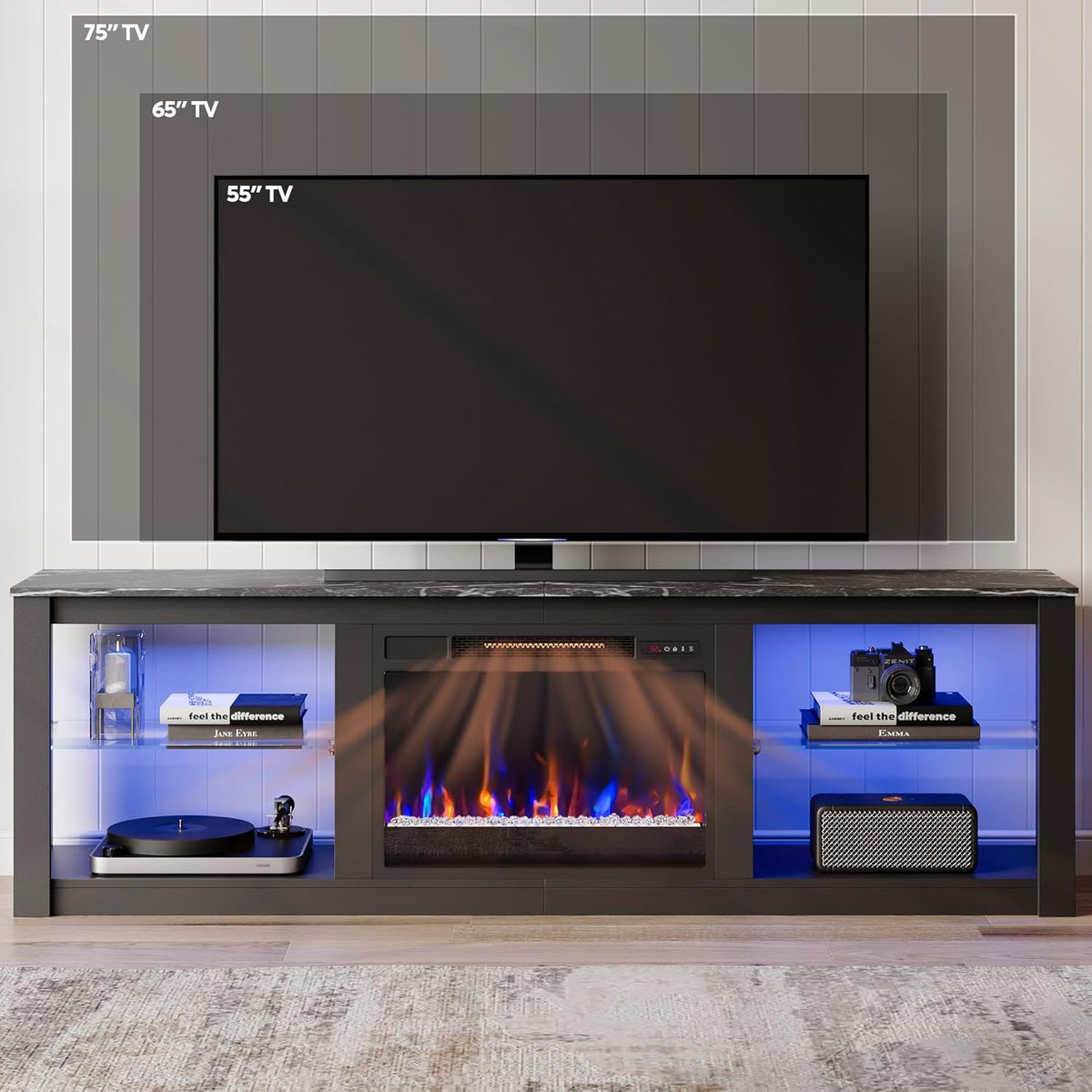 70 Inch Fireplace TV Stand for TVs up to 75 Inches, LED Entertainment Center with 23 Inch Electric Fireplace and Glass Shelves, Black Marble Finish