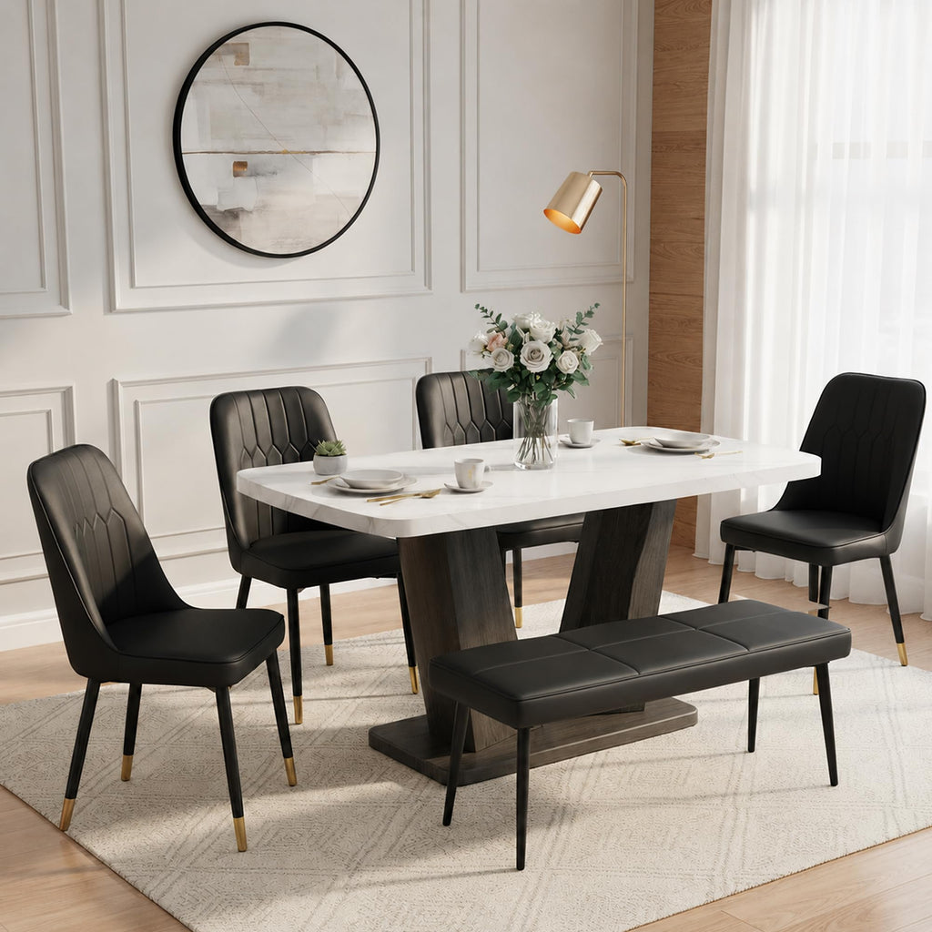 6 Piece Marble Dining Table Set with Bench, Marble Dining Room Table Chairs Bnech Set for 6, 63" Modern Dining Room