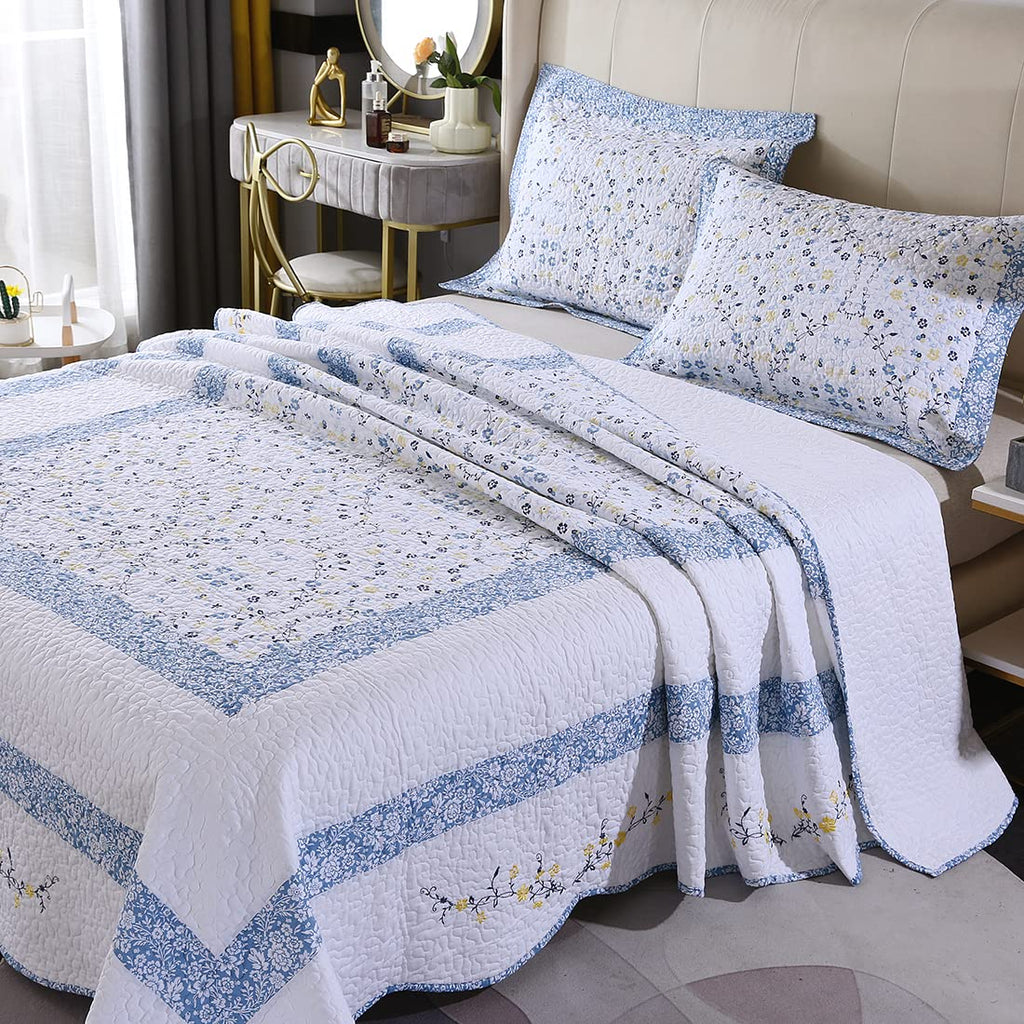 3 Pieces Cotton Quilted Embroidered Bedspread Set Oversized Lightweight Reversible Coverlet Comforter Soft Warm