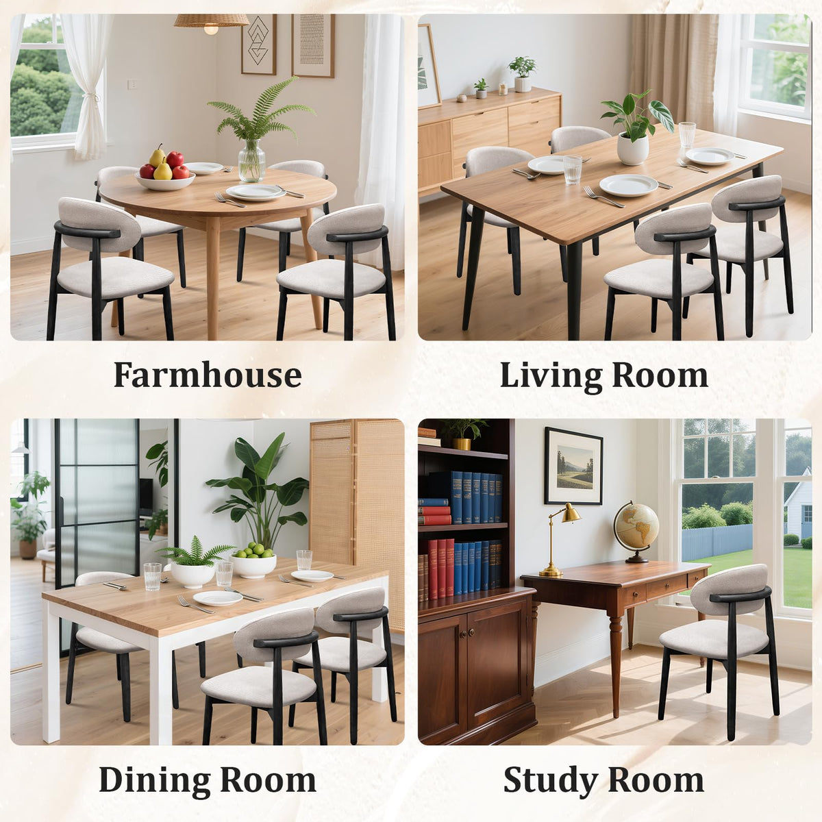 Farmhouse Set of 8, Mid Century Modern Fabric Upholstered Kitchen Chairs, Wooden Dining Room Chair with Curved Back