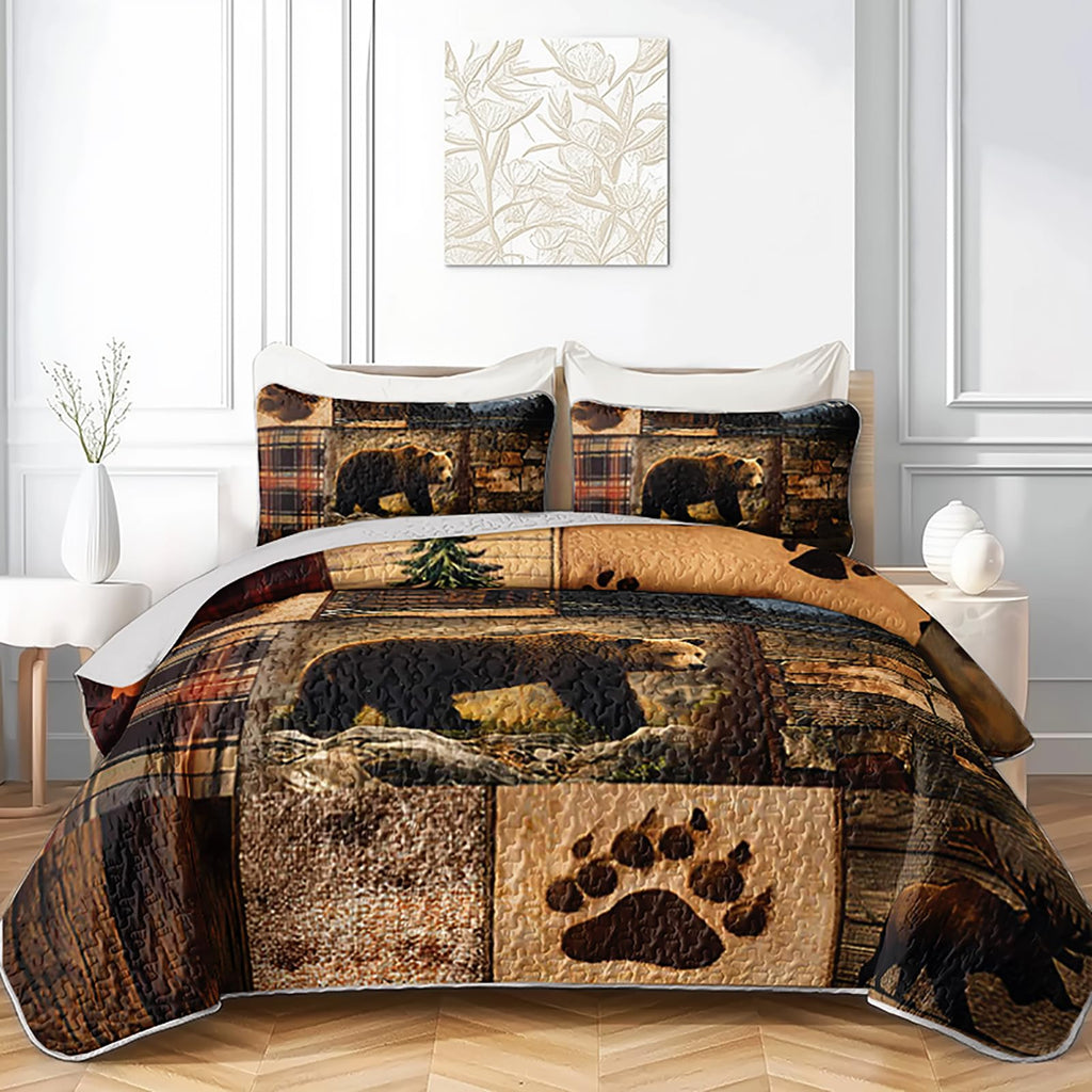 Rustic Brown Bear Quilts Bedding 3Pcs Wild Animal Deer Quilt Bed Set