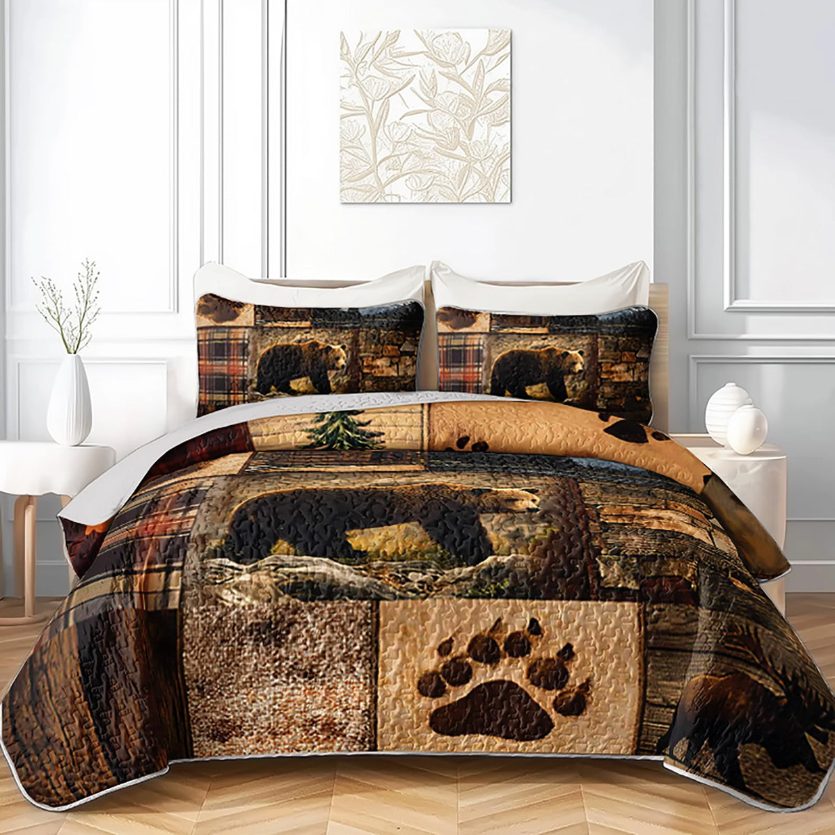 Rustic Brown Bear Quilts Bedding 3Pcs Wild Animal Deer Quilt Bed Set