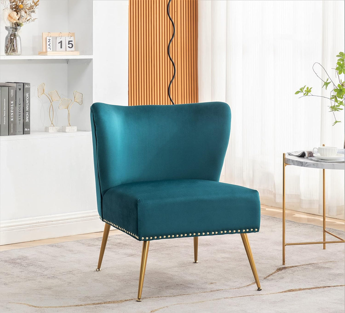 Armless Velvet Accent Chair with Nailhead Trim and Gold Metal Legs