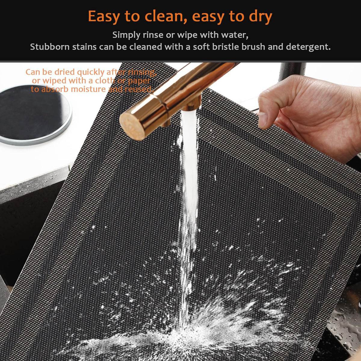 Black Gold Vinyl Placemats Set of 6, Heat Resistant Table Placemats