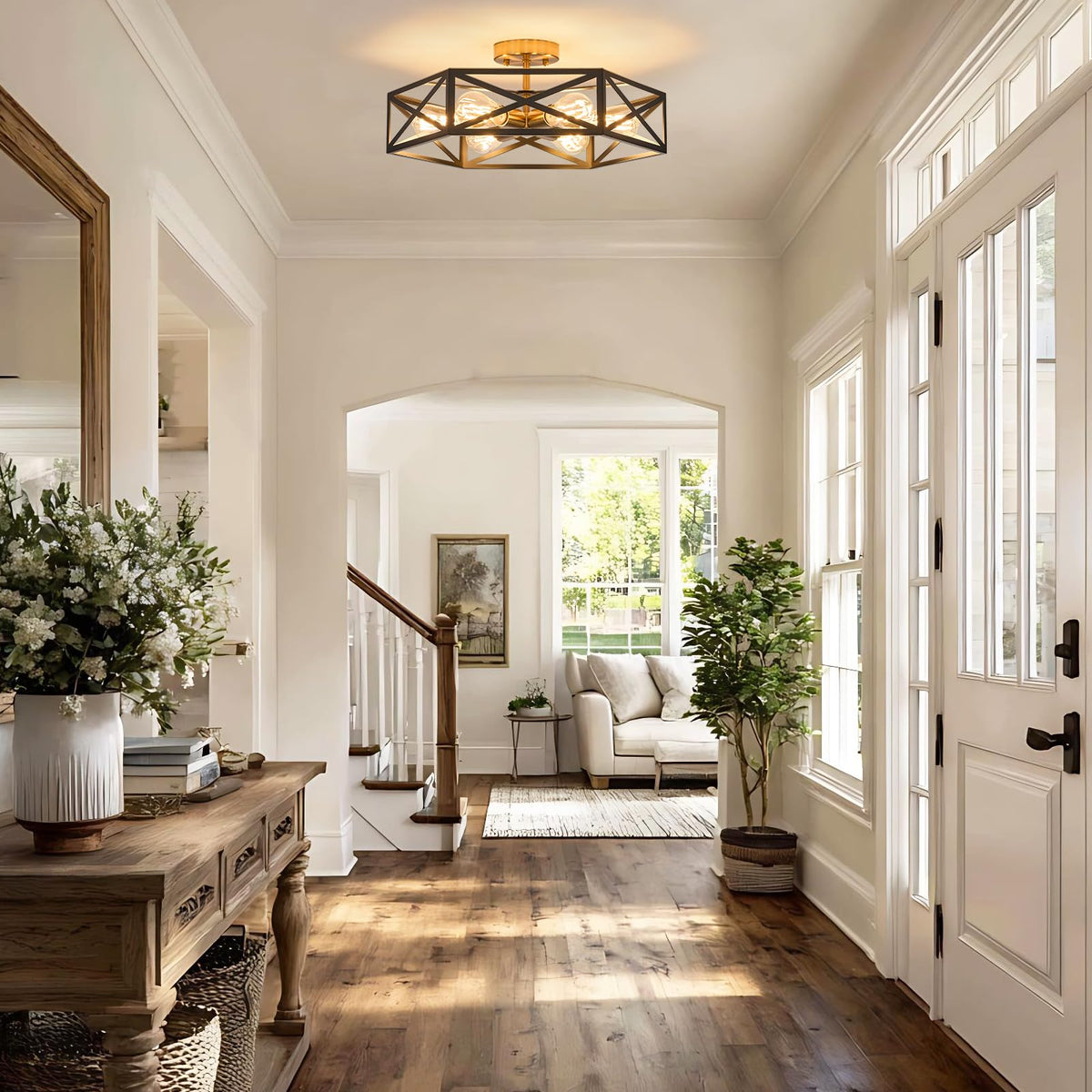 Modern Farmhouse Black and Gold Semi Flush Mount Ceiling Light 19.7 in
