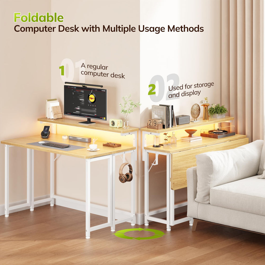 39.4" Folding Table with Ergonomic Monitor Stand&LED for Small Spaces, Oak