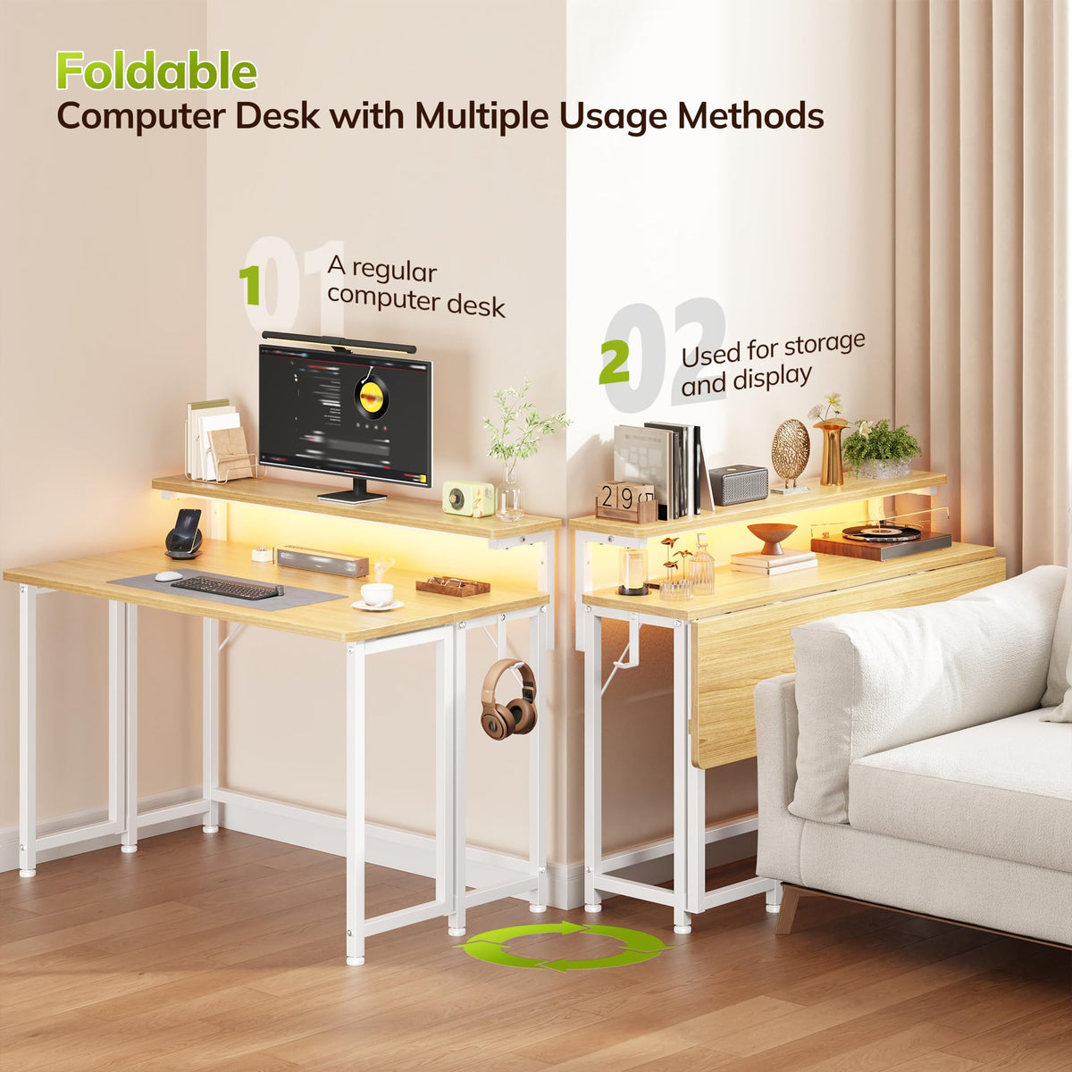 39.4" Folding Table with Ergonomic Monitor Stand&LED for Small Spaces, Oak