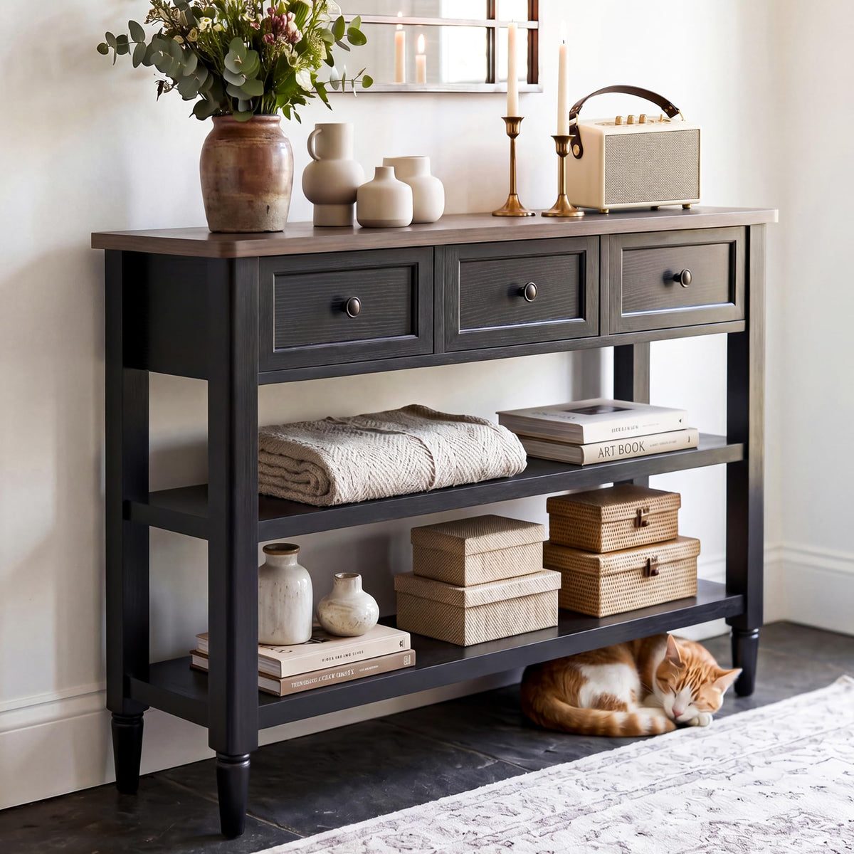 43" Farmhouse Entryway Table with 3 Drawers 2 Shelves