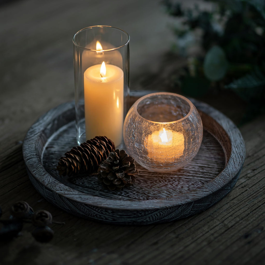 Round Wood Candle Holder Tray, Rustic Coffee Table Centerpiece Decor