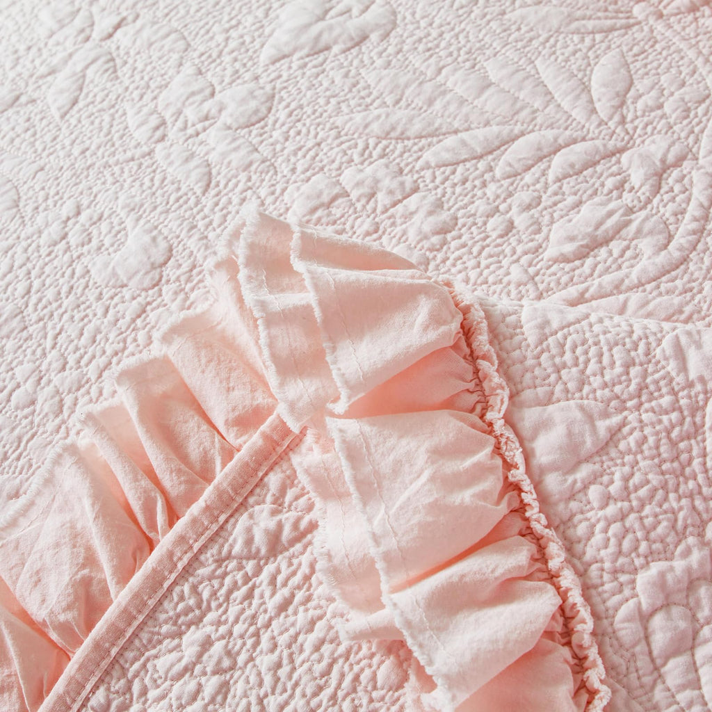 Pink Cotton Quilt Set Ruffled Matelasse Coverlet 3PC