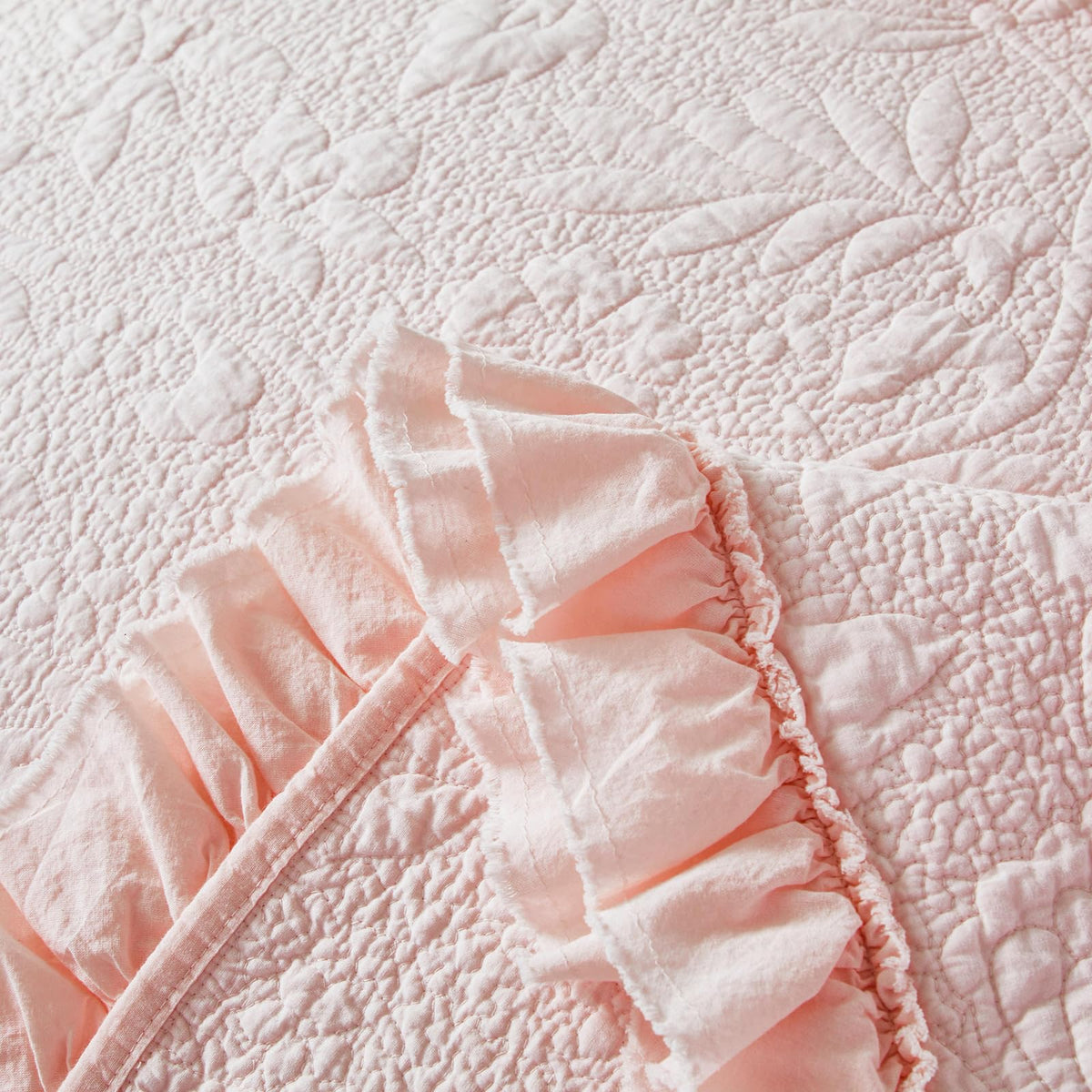 Pink Cotton Quilt Set Ruffled Matelasse Coverlet 3PC