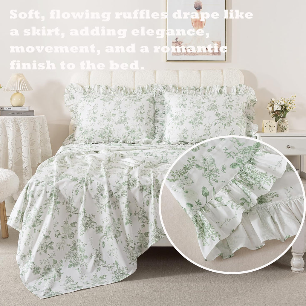 Ruffle Sheet Set - Grandmillennial Floral Bed Sheets, Vintage Botanical Toile Floral Print in Sage Green, Peony