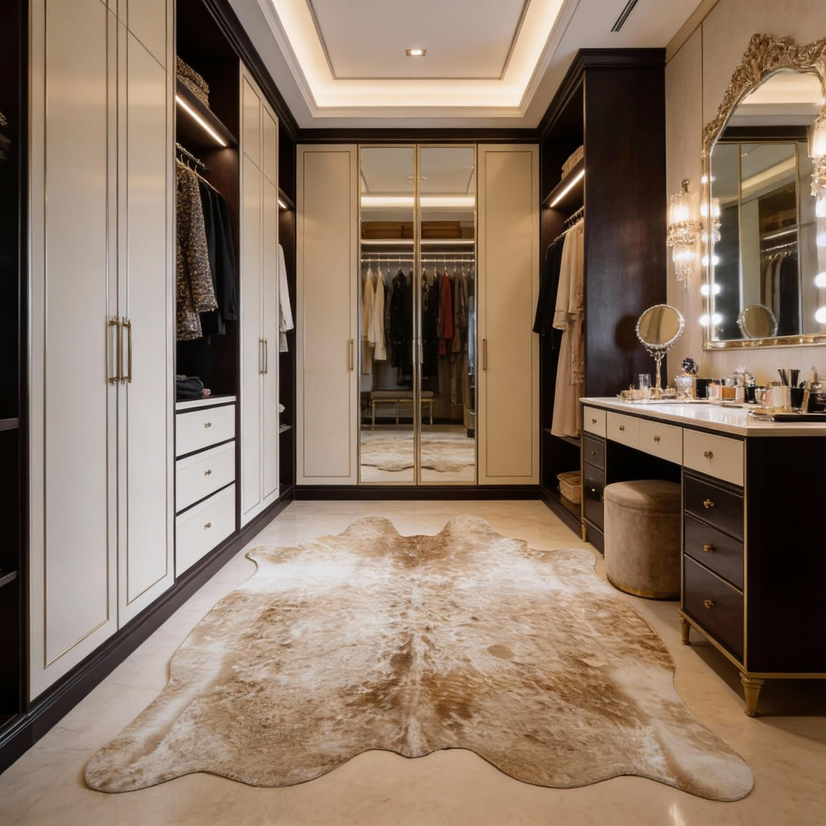 Large Faux Cowhide Rug Beige Brown Animal Print Shaggy Area Rug with Suede Backing, Non-Slip, Machine Washable