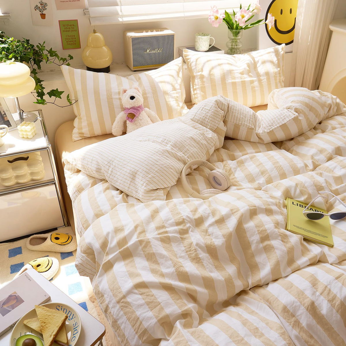 Boho Beige Striped Duvet Cover Soft Washed Microfiber 3-Piece