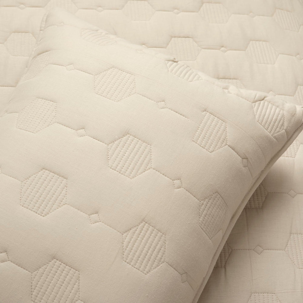 Hexagon Honeycomb Embroidered Textured Cotton 3 Piece Quilt Set, Neutral