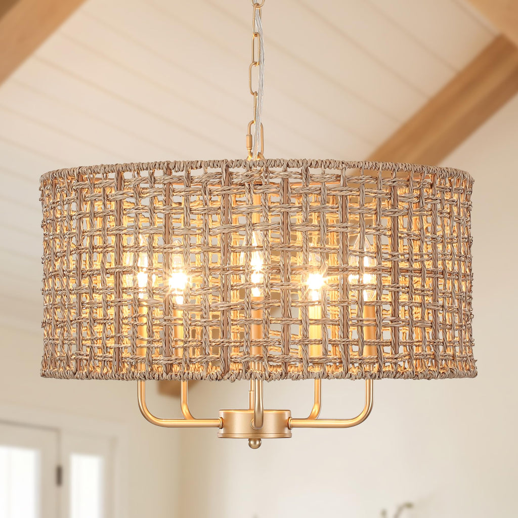 Large Rattan Chandelier, 19'' Farmhouse Boho Chandeliers, 5-Light Gold Wicker Light Fixture, Hand-Woven Rattan