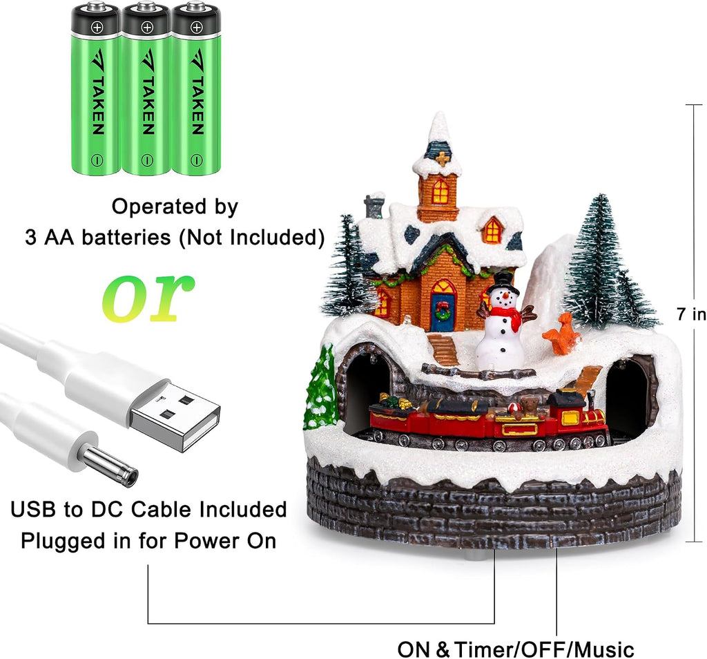 Animated Musical Christmas Village Figurines - Church Building and Snowman Statues with Rotating Train, LED Lights