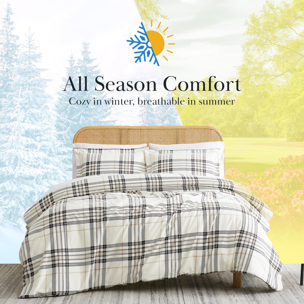 3 Piece Comforter Set w/ Shams, Tofu Cream Bedding Plaid