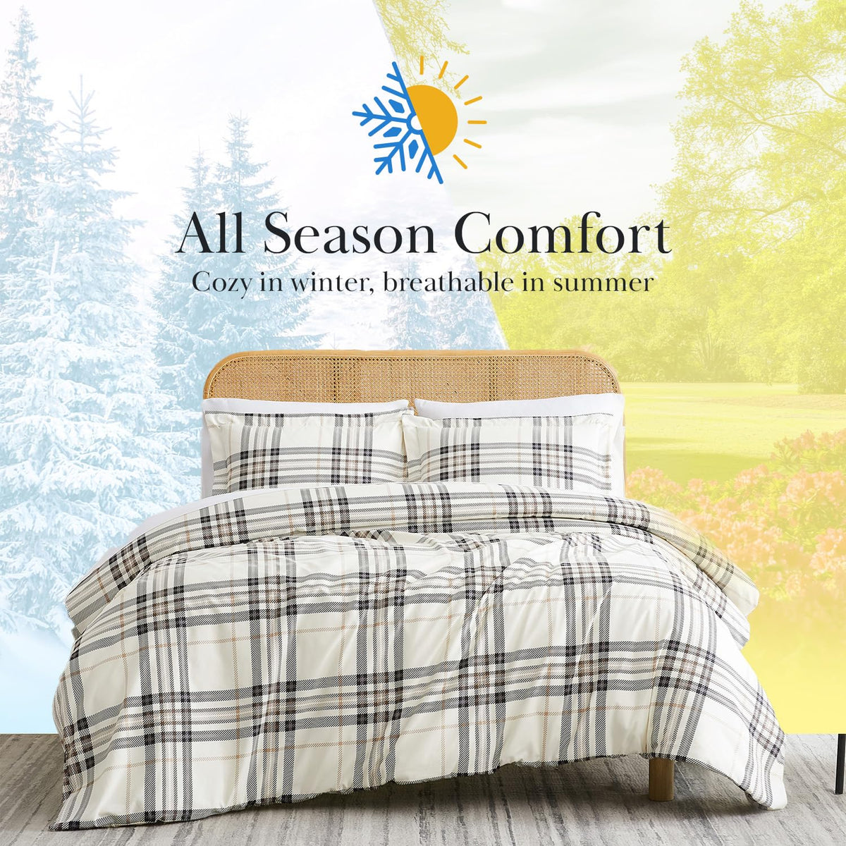 3 Piece Comforter Set w/ Shams, Tofu Cream Bedding Plaid