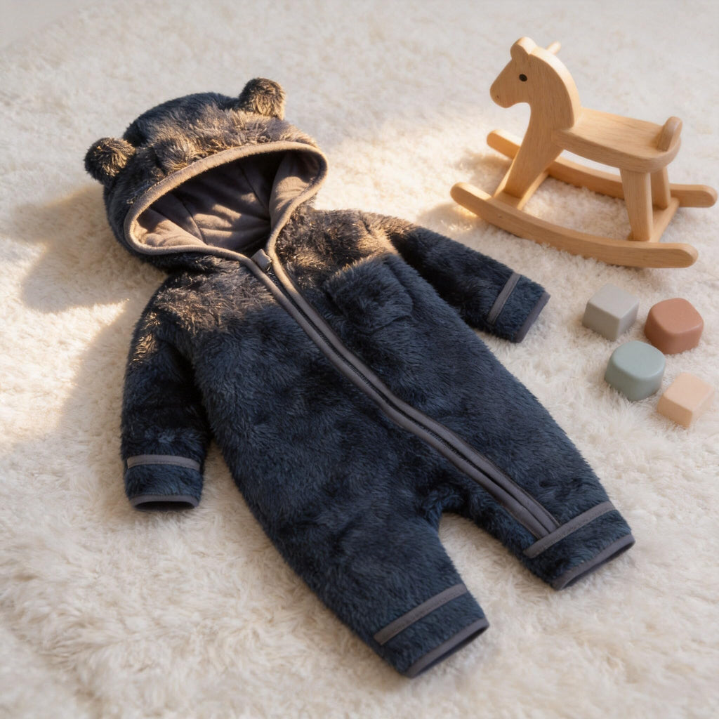 Newborn Baby Boys Girls Bear Hooded Fleece Snowsuit,Navy blue