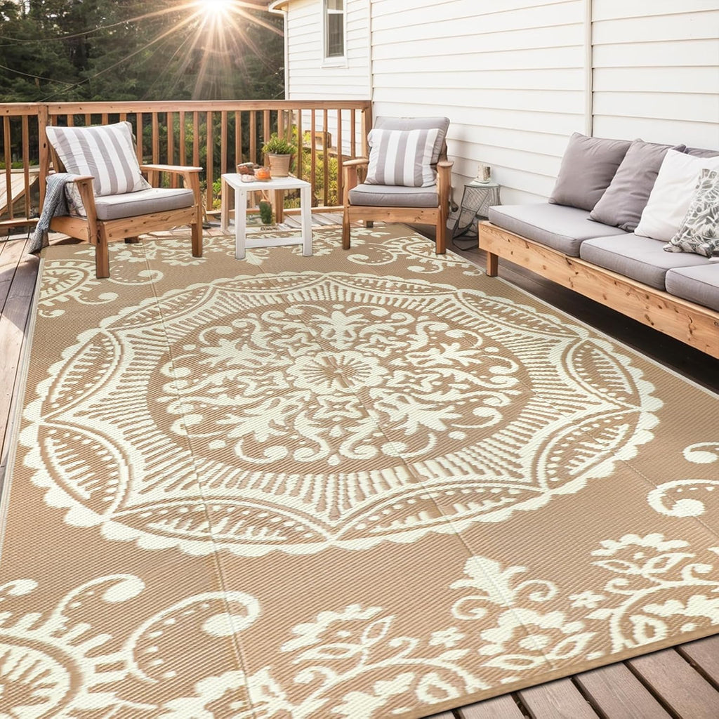Outdoor Rug 8x10 Patio Waterproof Boho Floral Plastic Straw Rug Large Foldable Vintage Outside Carpet with Carry Bag