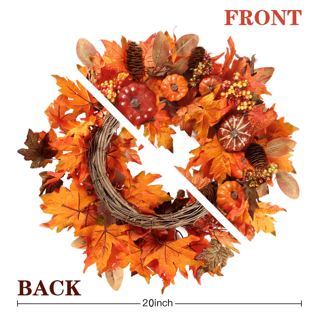 Fall Wreath 20'' Autumn Front Door Wreath with Various Pumpkin Cluster of Berries Maple Leaves Pine Cones for Outside