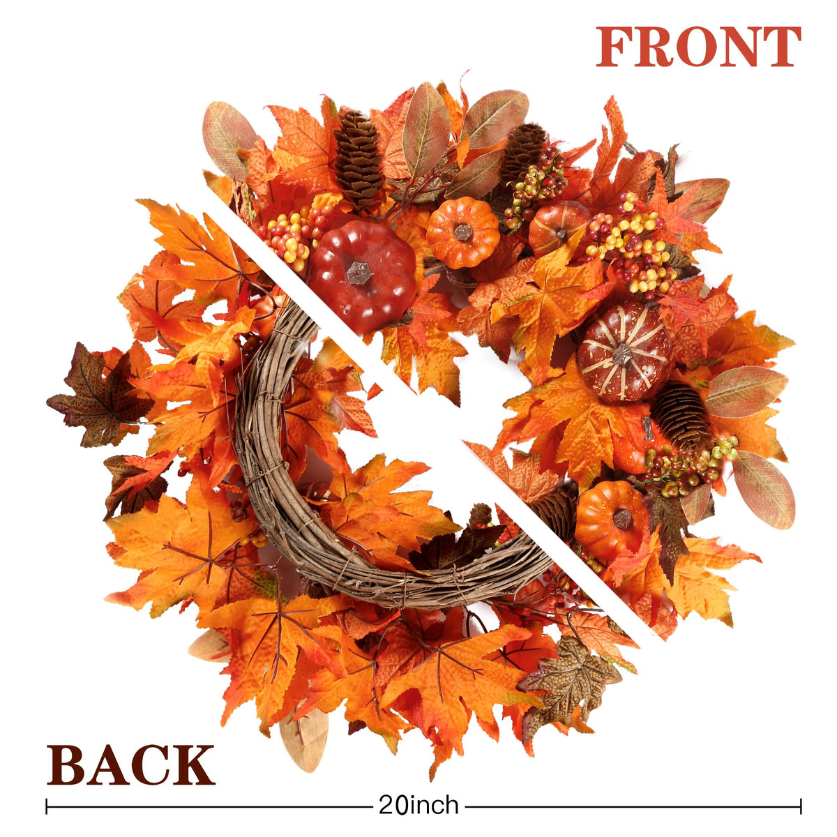 Fall Wreath 20'' Autumn Front Door Wreath with Various Pumpkin Cluster of Berries Maple Leaves Pine Cones for Outside