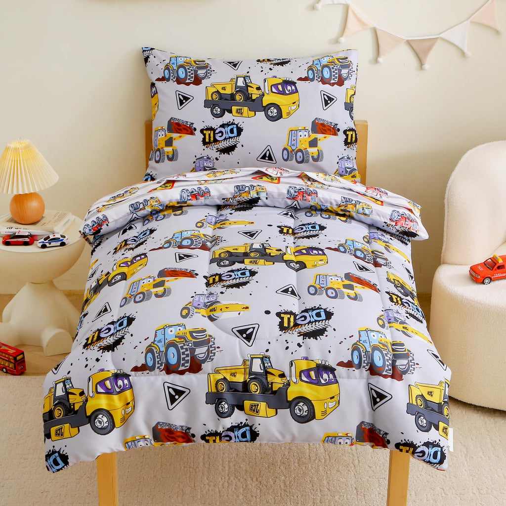 Toddler Bedding Sets for Boys, 4 Pieces Grey Heavy-Duty Vehicles