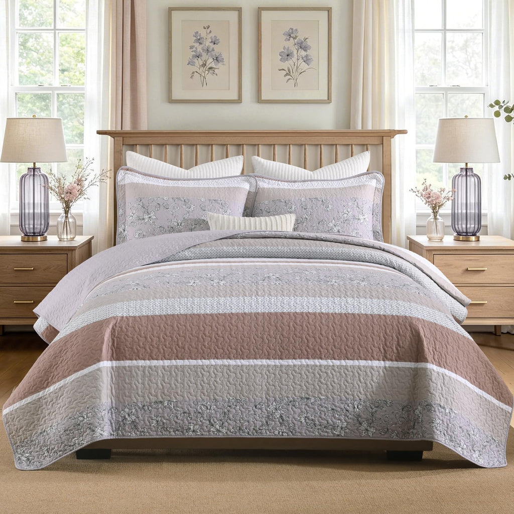 Quilt Set, 100% Cotton, Comforter Set, Farmhouse Botanical Quilted Bedspreads, Bedding Set