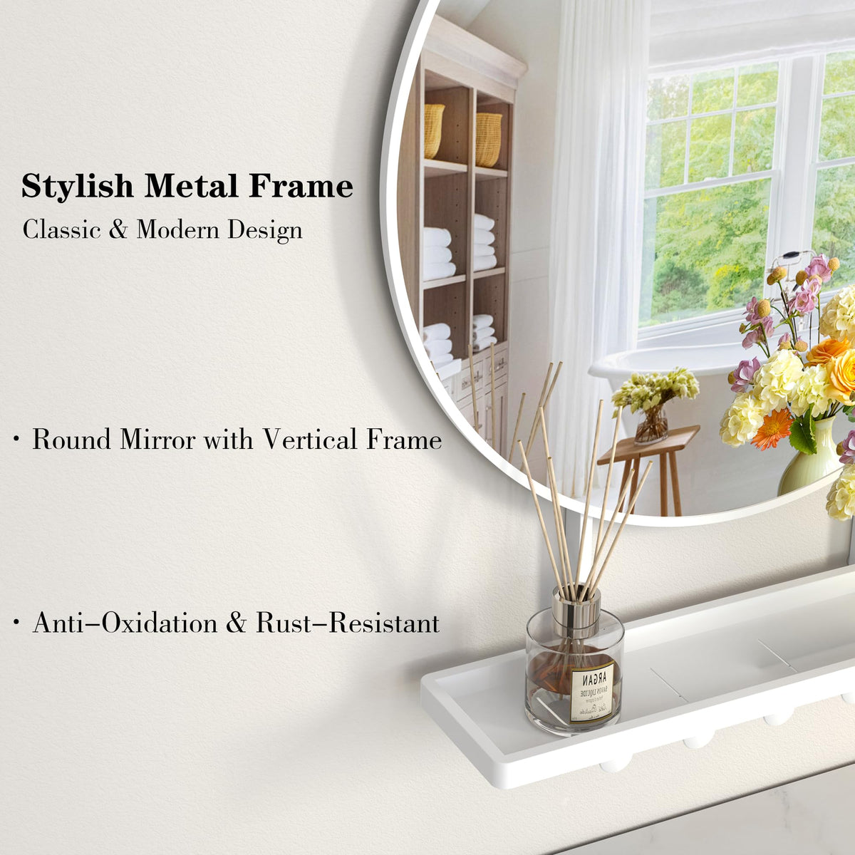 Wall Mirror with Shelf and Hooks, Vertical Mount, 32x22 Inch White
