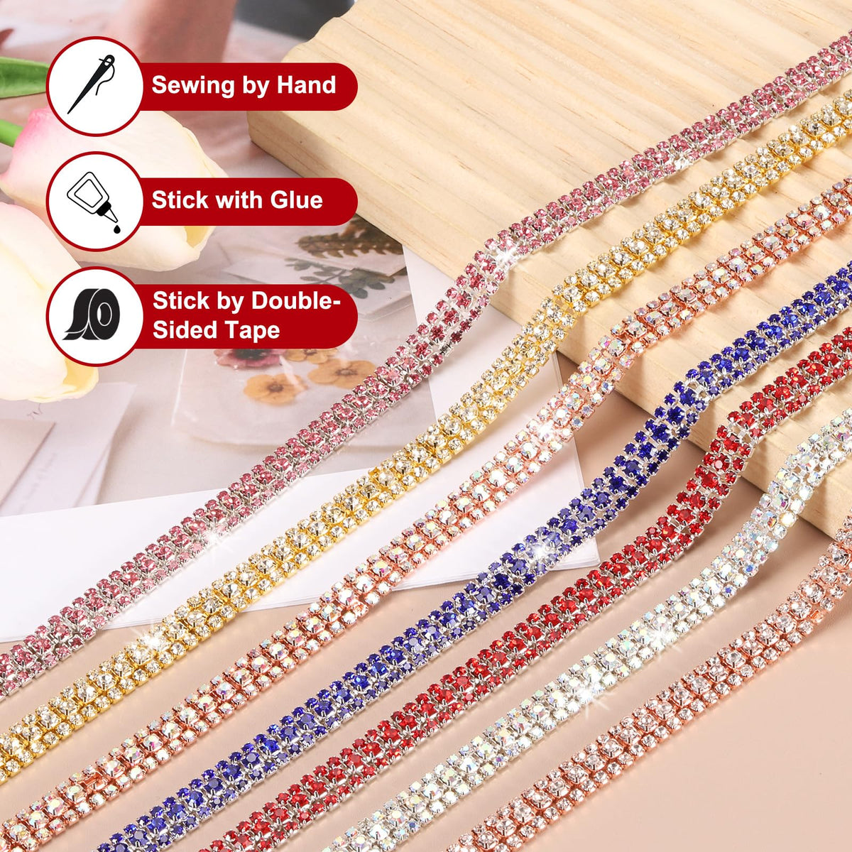 Rhinestone Chain, 3 Rows Crystal Close Chain Bling Sewing Rhinestone Trim Strip for Clothes Wedding Bouquet - 6 Yards