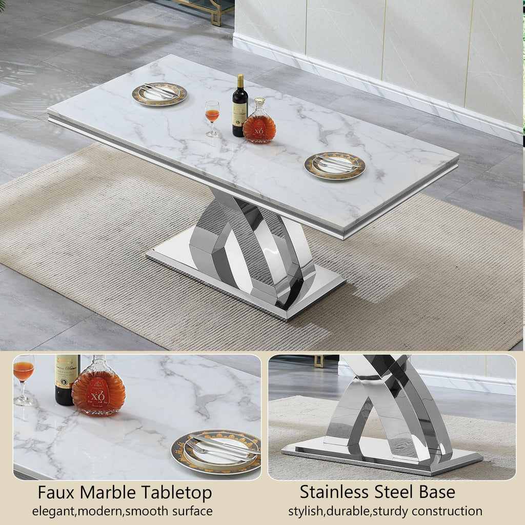 68''Silver Faux Marble Dining Table Set with 6 Leather Chair