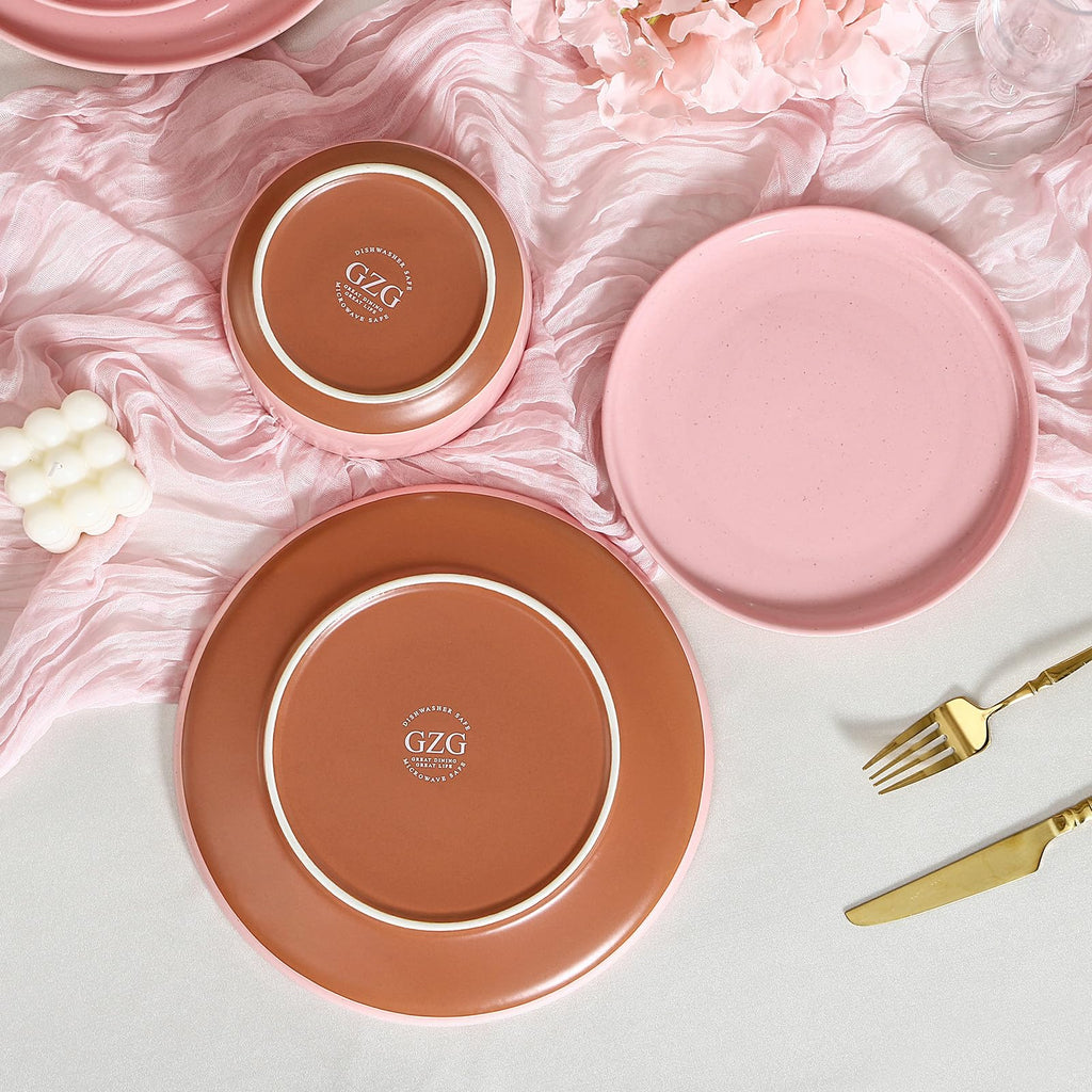 12 Pcs Stoneware Plates and Bowls, Dinnerware Sets for 4, Blush Pink