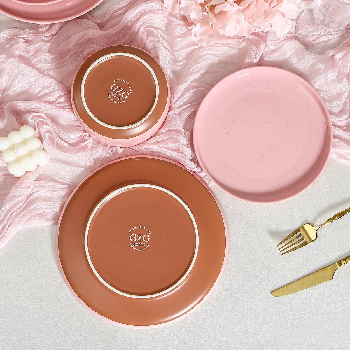 12 Pcs Stoneware Plates and Bowls, Dinnerware Sets for 4, Blush Pink
