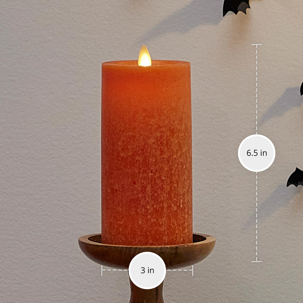 Sea Glass Flameless Candle, Harvest Pumpkin 3" x 6.5", Moving LED Flame Pillar with Timer, Battery Operated, Real