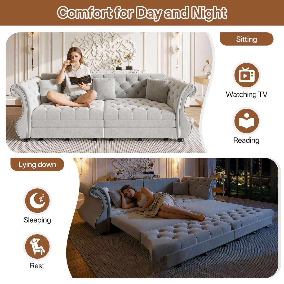 Sleeper Sofa Bed 97.6", Velvet Pull Out Couch, Chesterfield Sofa, Gray