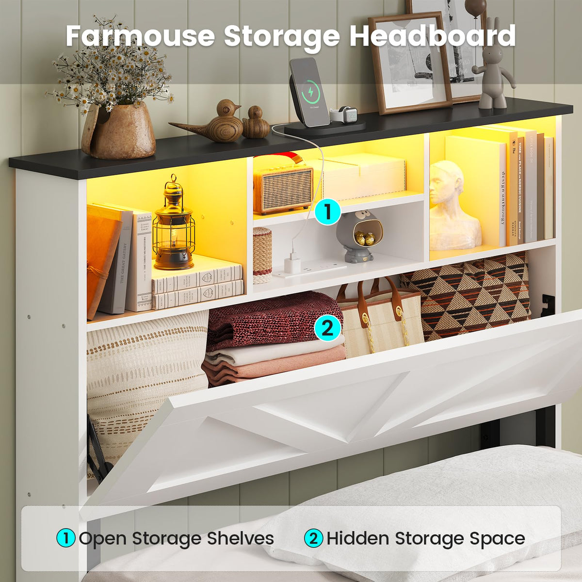 Farmhouse Twin Bed Frame with 4 Storage Drawers and Charging Station, Wooden Led Twin Bed with Storage Hidden Space