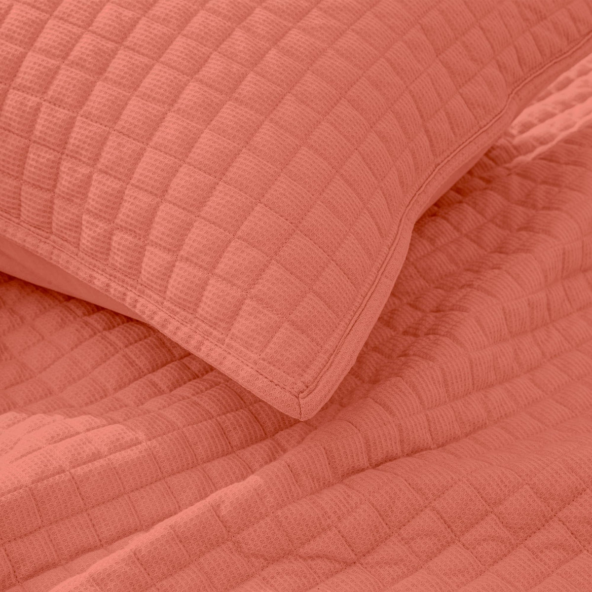 2 Piece Waffle Weave Quilt Set, Coral Lightweight Bedspread Coverlet for All Season, Ultra Soft Microfiber