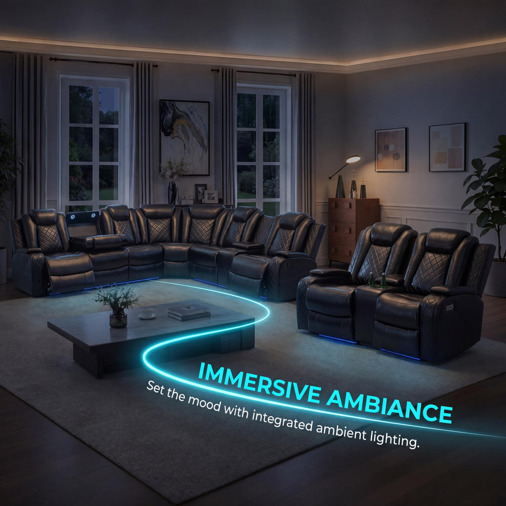 Power Reclining Leather Sectional Sofa Set, 6-Seat Black Curved Sofa and Loveseat, with LED Lights, Cup Holders and