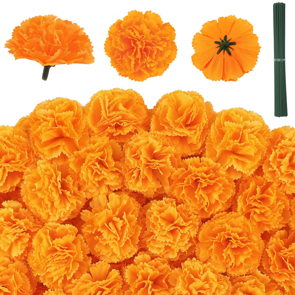 120Pcs Artificial Marigold Flowers, 2inch Silk Marigolds with Stems, Orange Artificial Flowers for Diwali Home Decor