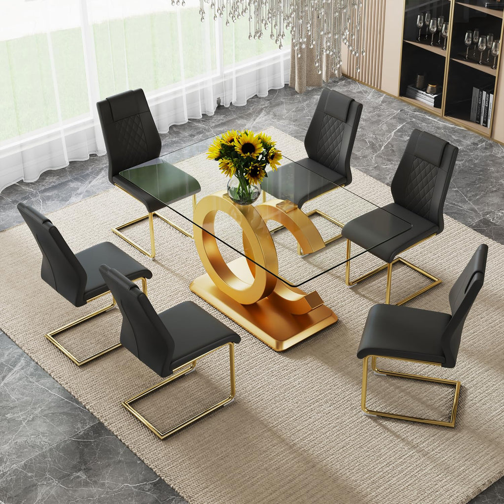 Modern Dining Table Set for 6, 7 Piece Dining Table Chairs Set for 6, Glass Table Top and MDF Base, Rectangular Dining