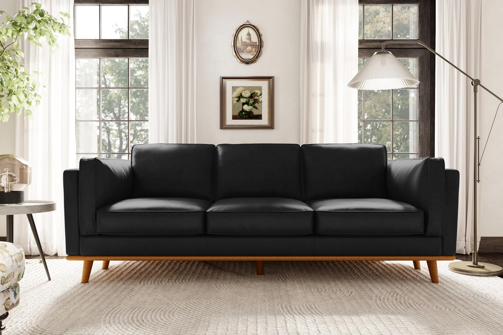Artisan Full Leather Sofa 88" | Pure Full Italian Nappa Leather Couch, Solid Wood Accent, Ultimate Comfort, Black
