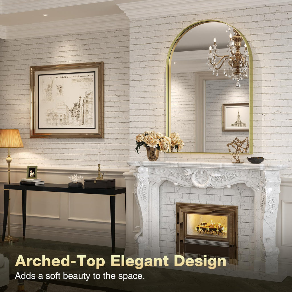 Arched Mirror, 24 x 36 Inch Gold Arch Mirror, Metal Frame Gold Arched Wall Mirror, Arched Top Bathroom Vanity Mirror
