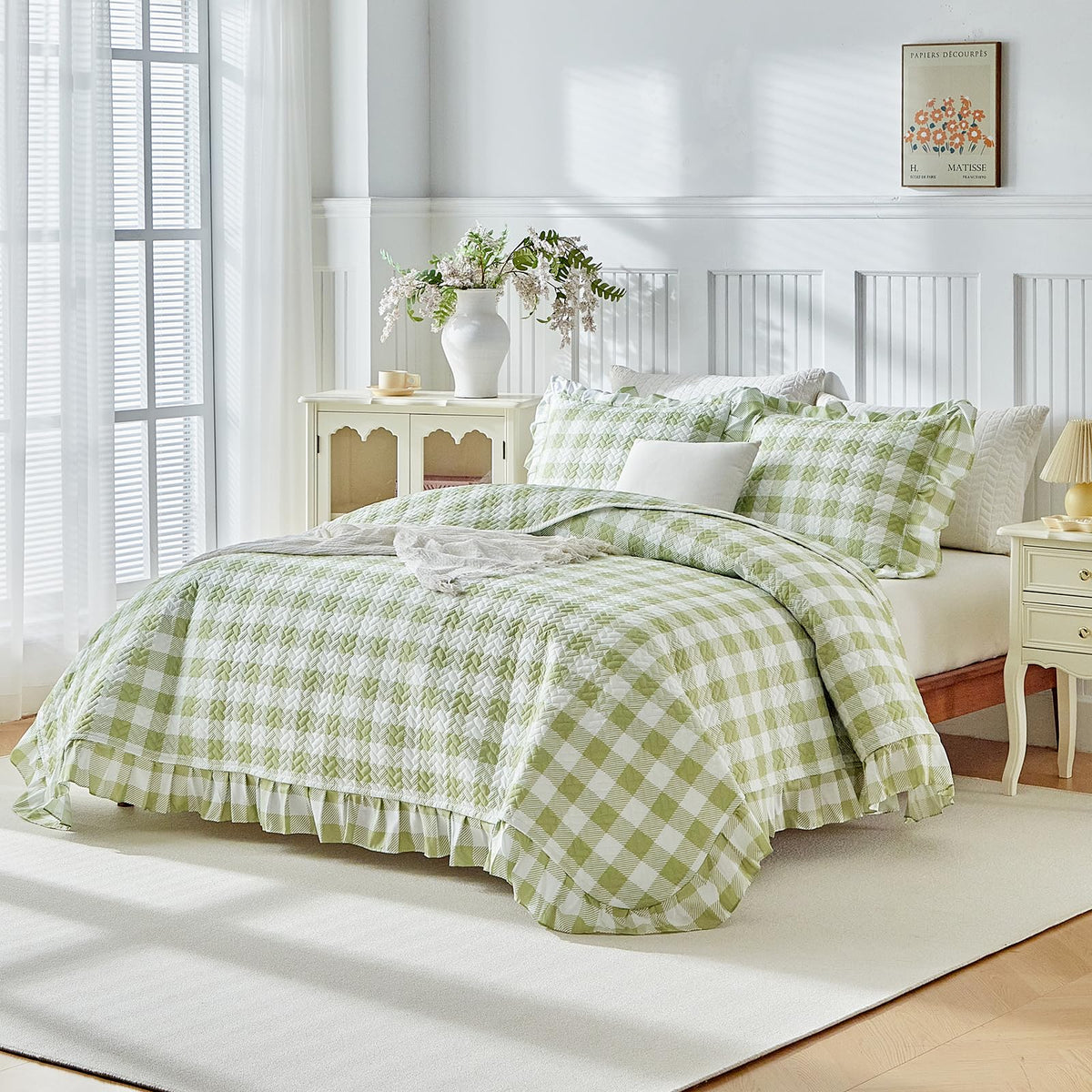 3pcs Ruffle Quilt Set, Sage Green Gingham Plaid Ruffled Design, Soft Cozy Microfiber Farmhouse Bedspread