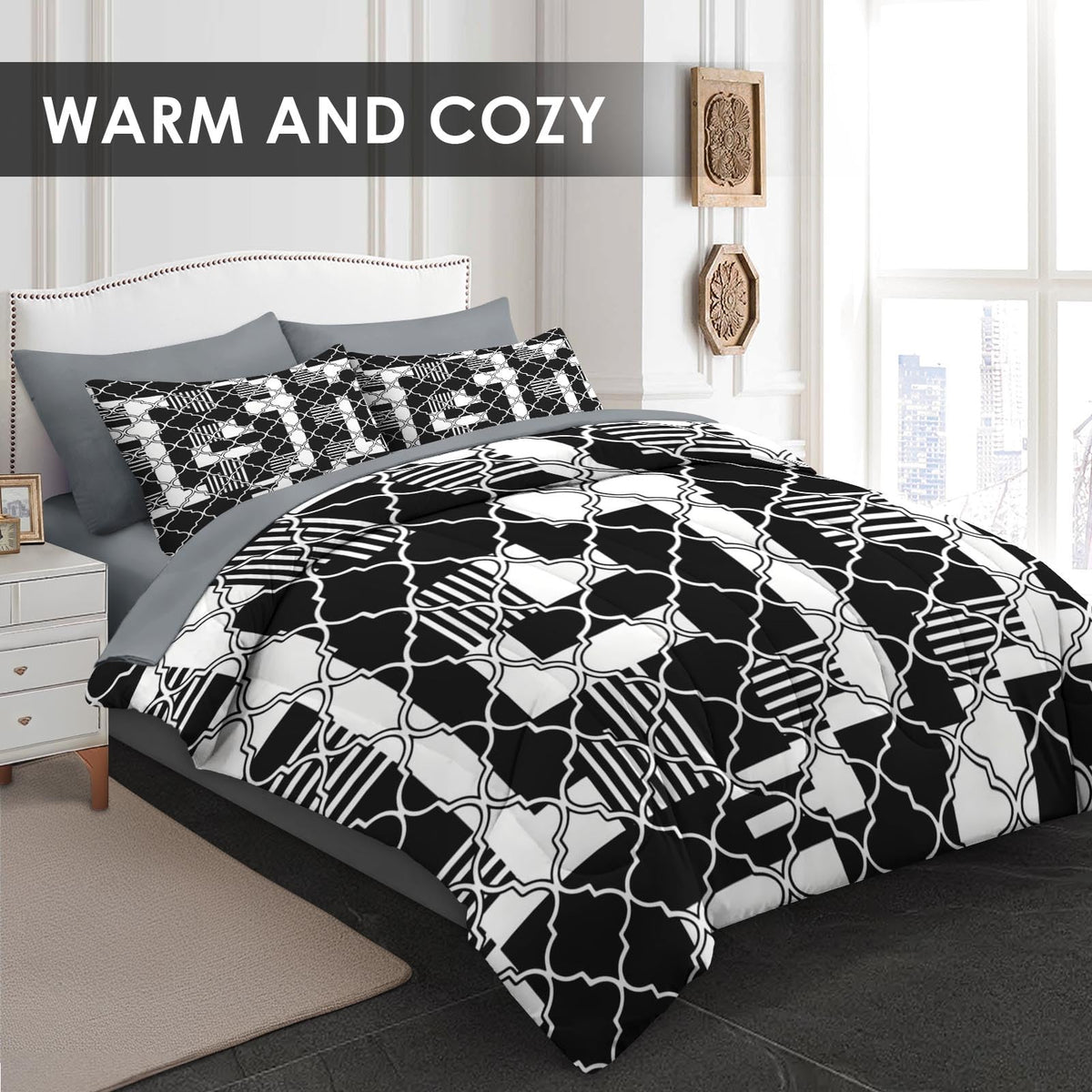 Queen Comforter Set with Sheets, 7 Pieces Geometric Moroccan Bedding