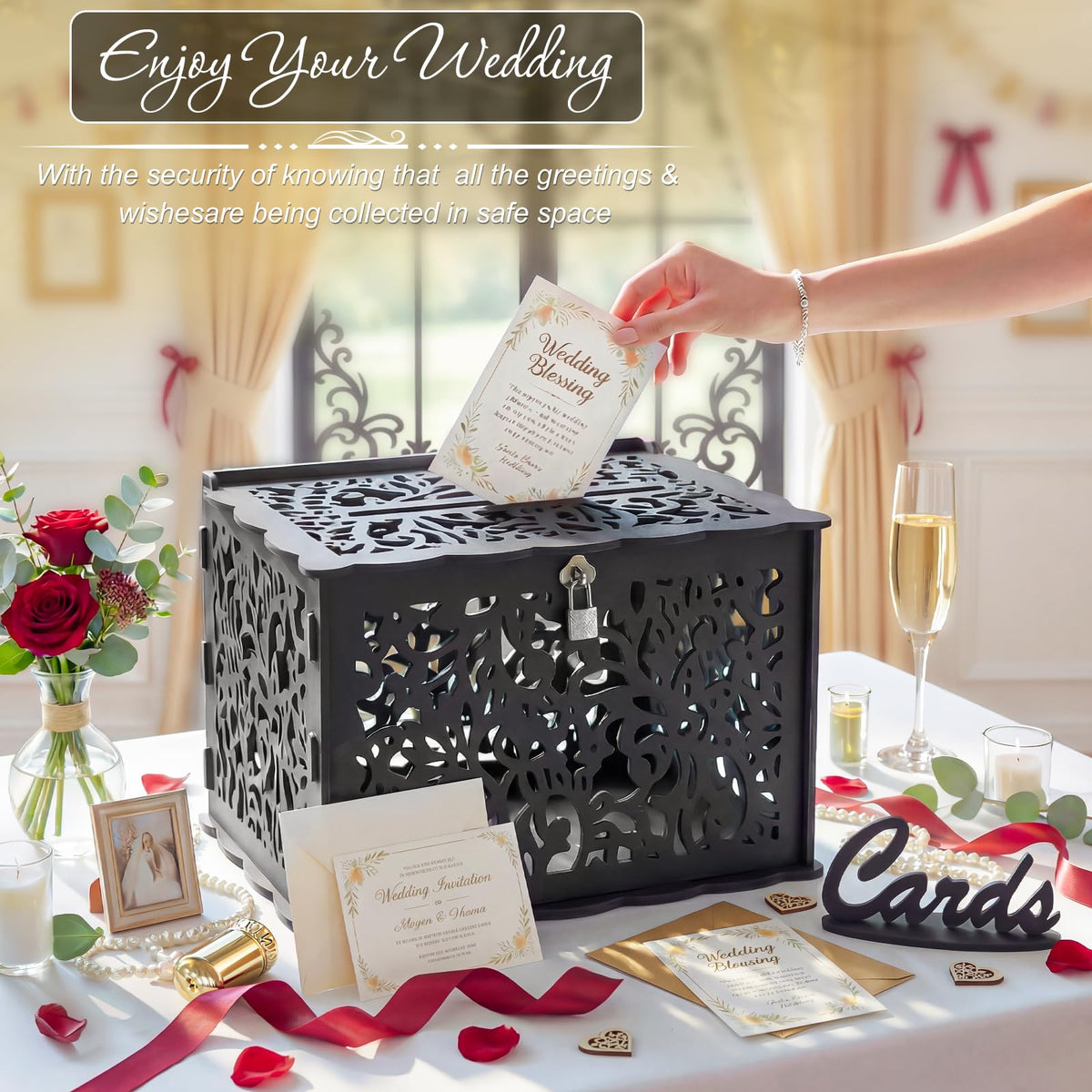 Black Wedding Card Boxes for Reception, PVC Gift Card Box for Wedding Decor