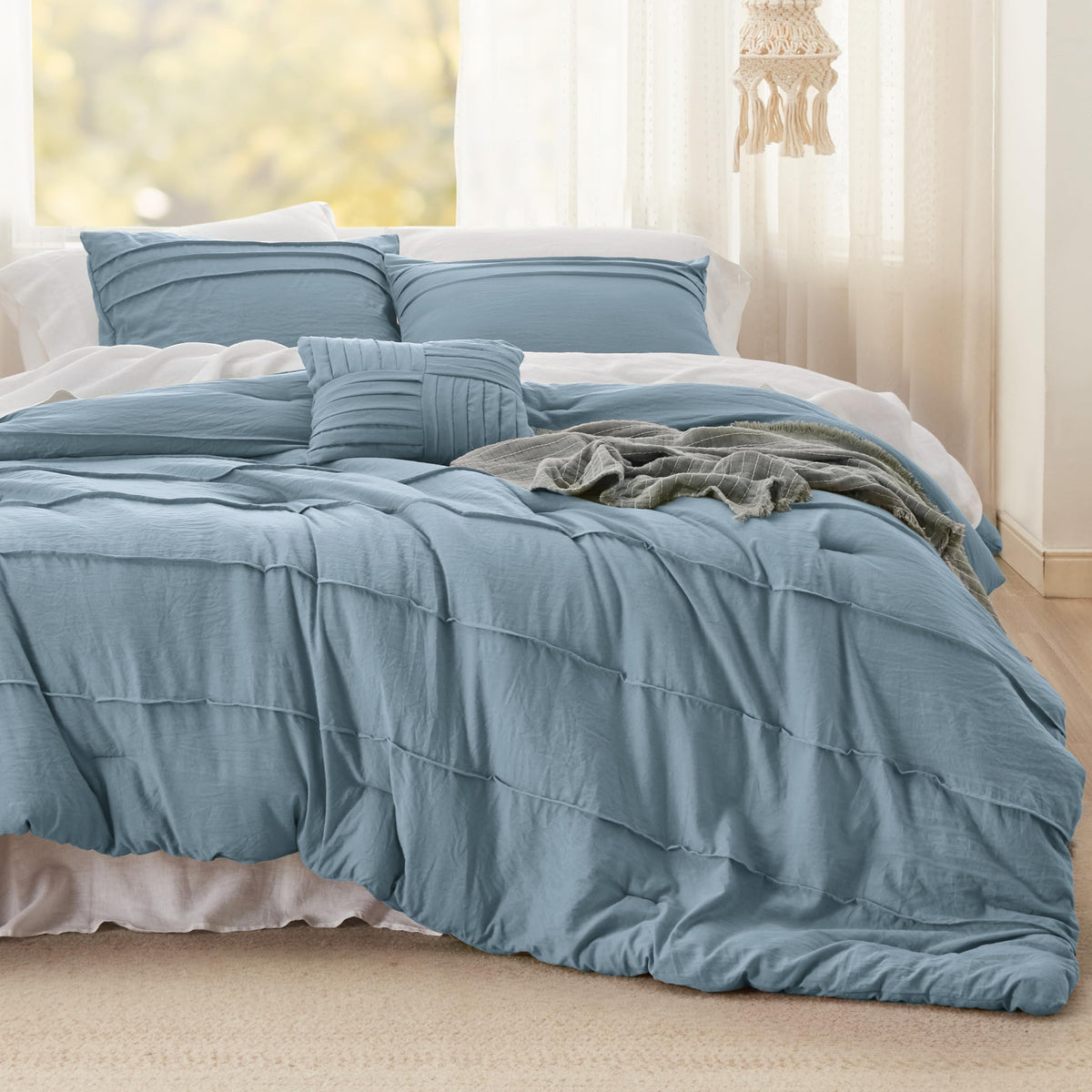Full Comforter Set 4 Piece, Light Blue Boho Bedding, All-Season