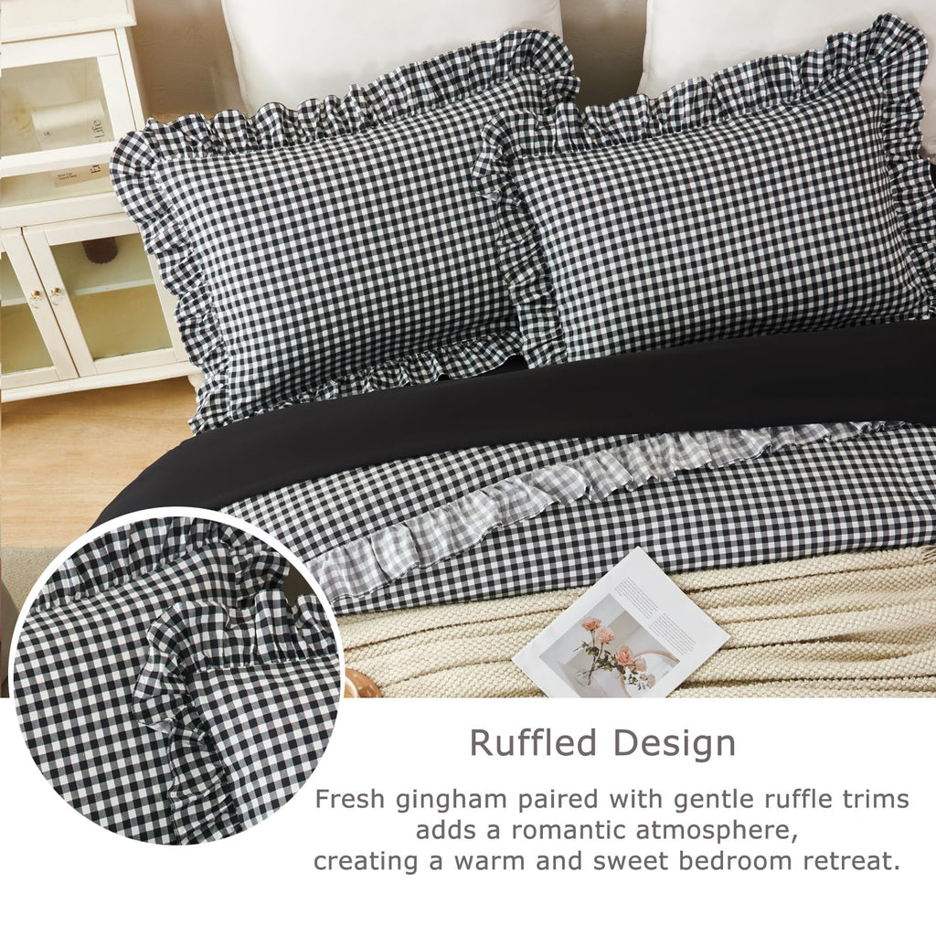 Gingham Comforter Set 5 Pieces Black Ruffled Bedding Sets