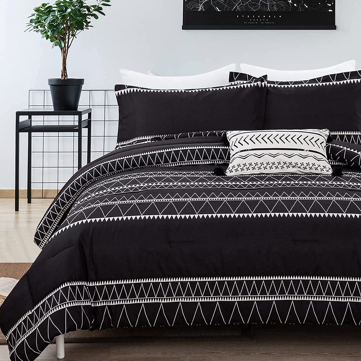Black Comforter Set King Size (104"x 90"), 3 Piece Boho Striped Bedding Fall